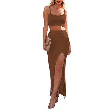 Cutiefox Womens Two Piece Dress Knit Crop Top and Side Slit Bodycon Skirt Sets 2 Piece Outfits Brown...