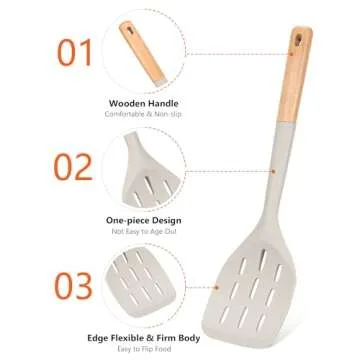 Pack of 2 Silicone Spatula, Non Stick Cooking Utensil Set Wooden Handle Kitchen Turner for Baking Mixing Grilling Serving Food Heat Resistant Non Scratch Hooks Included (Khaki)