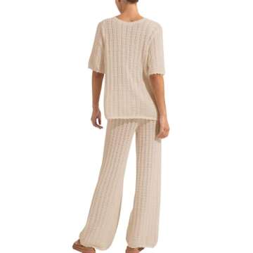 Imily Bela Women's Summer 2 Piece Swimsuit Cover up Crochet Knit Cardigan Tops Long Pants Set Bathing Suit Beach Outfit Light Khaki