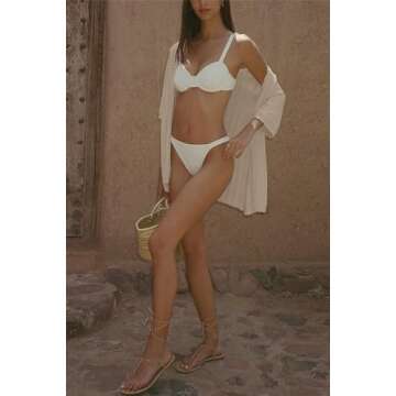 Imily Bela Women's Summer 2 Piece Swimsuit Cover up Crochet Knit Cardigan Tops Long Pants Set Bathing Suit Beach Outfit Light Khaki