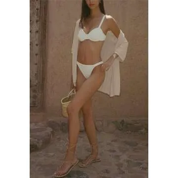 Imily Bela Women's Summer 2 Piece Swimsuit Cover up Crochet Knit Cardigan Tops Long Pants Set Bathing Suit Beach Outfit Light Khaki