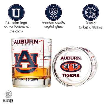 Greenline Goods - Auburn University Whiskey Glass Set (2 Low Ball Glasses) - Contains Full Color Tigers Logo & Campus Map - Auburn Tigers College Grads & Alumni - College Cocktail Glassware