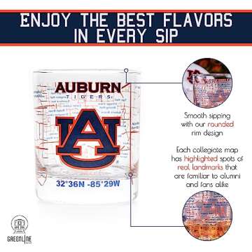 Greenline Goods - Auburn University Whiskey Glass Set (2 Low Ball Glasses) - Contains Full Color Tigers Logo & Campus Map - Auburn Tigers College Grads & Alumni - College Cocktail Glassware