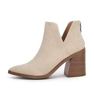 FISACE Womens Pointed Toe Stacked Mid Heel Ankle Boots V Cut Back Zipper Faux Leather Booties