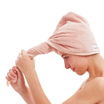 M-bestl 2 Pack Microfiber Hair Towel Wrap,Hair Drying Towel with Button, Towel Turban,Head Towel to Dry Hair Quickly (Pink&Beige)