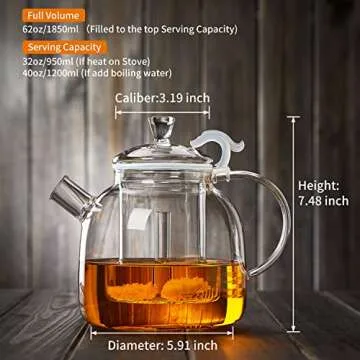Largr Glass Teapot with Infuser, 62oz 1850ml All-Glass Design with Dual Filters, Borosilicate Glass ...