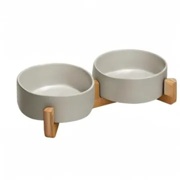 SPUNKYJUNKY Ceramic Bowls with Wood Stand for Pets