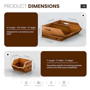 HOLANA 14x11in Acacia Wood Pantry Storage Bins - Set of 3 Wooden Stackable Baskets - Fruit, Vegetabl...