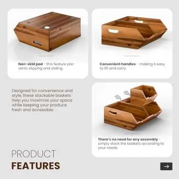 HOLANA 14x11in Acacia Wood Pantry Storage Bins - Set of 3 Wooden Stackable Baskets - Fruit, Vegetable, Potato and Onion Storage - Detachable Fruit Basket Bowl Organization for Kitchen Counter