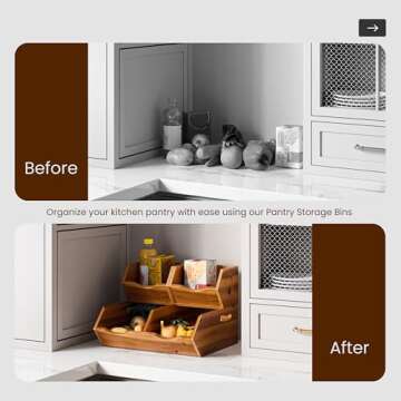 HOLANA 14x11in Acacia Wood Pantry Storage Bins - Set of 3 Wooden Stackable Baskets - Fruit, Vegetable, Potato and Onion Storage - Detachable Fruit Basket Bowl Organization for Kitchen Counter