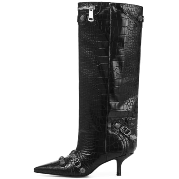 Oiamenne Knee High Boots for Women Wide Calf Stylish Pointed Toe Kitten Heel Boots