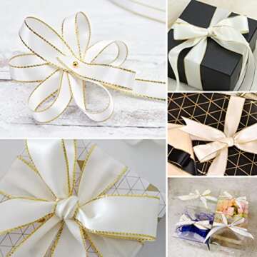 Gold Satin Ribbons 3/8 Inch x 25 Yards, Fabric Ribbon with Gold Edges Border for Gift Wrapping, DIY Crafts, Floral Bouquets, Hair Bows, Sewing Projects, Birthday Baby Shower Wedding Decorations