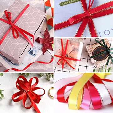 Gold Satin Ribbons 3/8 Inch x 25 Yards, Fabric Ribbon with Gold Edges Border for Gift Wrapping, DIY Crafts, Floral Bouquets, Hair Bows, Sewing Projects, Birthday Baby Shower Wedding Decorations