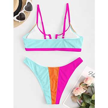 ZAFUL Ribbed Colorblock Swimsuit for Women Sexy V-Wire Swimwear High Cut Cheeky Bikini