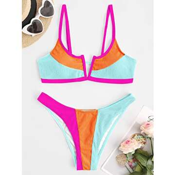 ZAFUL Ribbed Colorblock Swimsuit for Women Sexy V-Wire Swimwear High Cut Cheeky Bikini