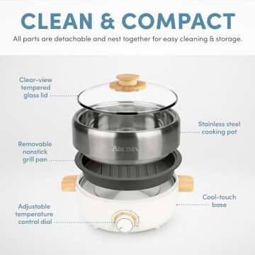 Aroma Housewares AMC-130 Whatever Pot, Indoor Grill, Cooking, Hot Pot with Glass Lid, Bamboo Handles, 2.5L, Stainless Steel/White