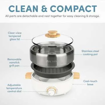 Aroma Housewares AMC-130 Whatever Pot, Indoor Grill, Cooking, Hot Pot with Glass Lid, Bamboo Handles, 2.5L, Stainless Steel/White