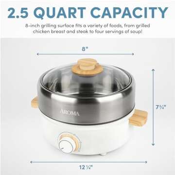 Aroma Housewares AMC-130 Whatever Pot, Indoor Grill, Cooking, Hot Pot with Glass Lid, Bamboo Handles, 2.5L, Stainless Steel/White