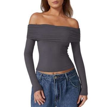 QINSEN Cropped Long Sleeve Top: Sexy Off Shoulder Fitted T-Shirt