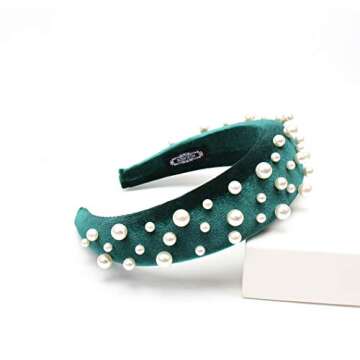 Padded Headbands Velvet Pearl Womens 90s Black Hair Accessories Statement Fashion Retro Grace Elegant Wide Plastic Hairbands For Woman (green)