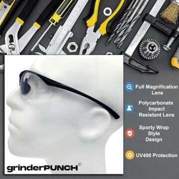 grinderPUNCH Full Lens Magnification Safety Glasses with Black Frame | Clear Lens | | Magnifying Rea...