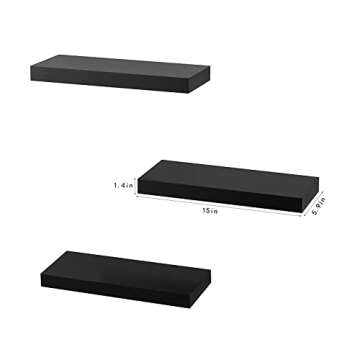 AHDECOR Black Floating Shelves, Wall Mounted Modern Shelves Decorative for Home & Office Decor, Ideal for Bedroom, Kitchen, Living Room, Set of 3