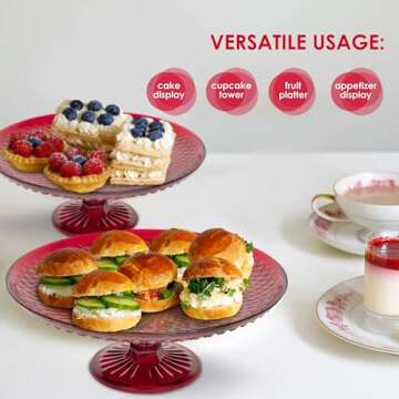 Amici Home Diamond Footed Glass Cake Stand | Round Vintage Style Cake Plate | Serving Platter for Cupcakes, Cookies | Dessert Display Stand for Parties, Weddings, and Gift | 10” D x 3.7” H (Red)