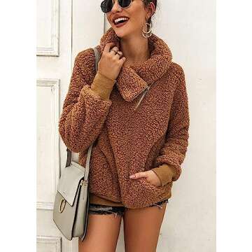KIRUNDO Women's 2025 Winter Lapel Fuzzy Fleece Sweatshirt Faux Shearling Zipper Warm Sherpa Pullover...