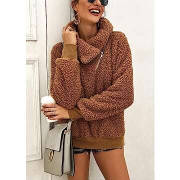 KIRUNDO Women's 2025 Winter Lapel Fuzzy Fleece Sweatshirt Faux Shearling Zipper Warm Sherpa Pullover Outwear With Pockets(X-Large, Khaki)