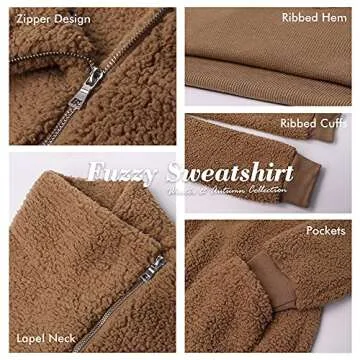 KIRUNDO Women's 2025 Winter Lapel Fuzzy Fleece Sweatshirt Faux Shearling Zipper Warm Sherpa Pullover Outwear With Pockets(X-Large, Khaki)