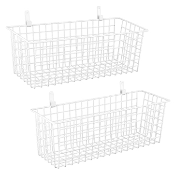 2 Sets Extra Large Hanging Wall Basket, White Metal Wire Baskets with Steel Hooks for Organizing, Wa...