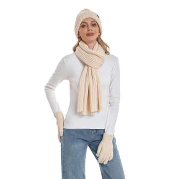 Coolprince Womens Long Scarf Gloves and Hat Set Cold Weather Hat Scarf Glove Set for Women Winter Beanie Hats with Pom Pom Apricot