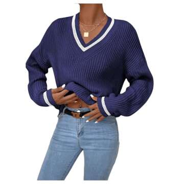 OYOANGLE Women's Ribbed Knit Preppy Sweater Long Sleeve V Neck Drop Shoulder Top Blue M