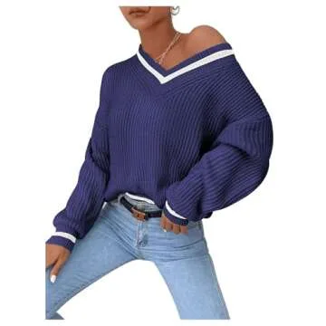OYOANGLE Women's Ribbed Knit Preppy Sweater Long Sleeve V Neck Drop Shoulder Top Blue M