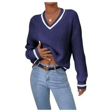 OYOANGLE Women's Ribbed Knit Preppy Sweater Long Sleeve V Neck Drop Shoulder Top Blue M