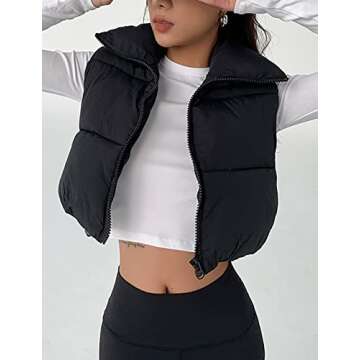 Fenclushy Women's Winter Warm Padded Crop Vest Lightweight Sleeveless Puffer Vest(Black,M)