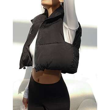 Fenclushy Women's Winter Warm Padded Crop Vest Lightweight Sleeveless Puffer Vest(Black,M)