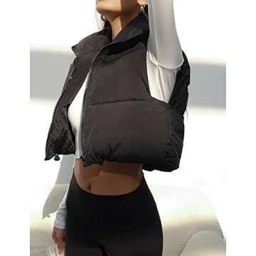 Fenclushy Women's Winter Warm Padded Crop Vest Lightweight Sleeveless Puffer Vest(Black,M)