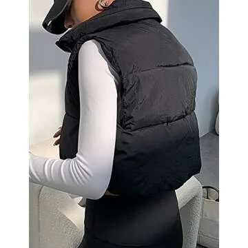 Fenclushy Women's Winter Warm Padded Crop Vest Lightweight Sleeveless Puffer Vest(Black,M)