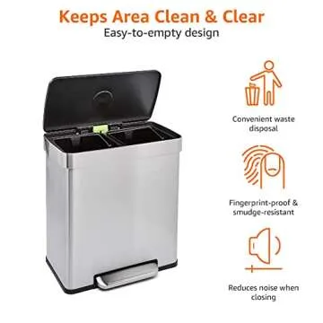 Amazon Basics Rectangular Dual Compartment Recycling Garbage Trash Can, Grey,Silver, 60 Liters