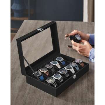 SONGMICS Watch Box, 12-Slot Watch Case with Large Glass Lid, Removable Watch Pillows, Watch Box Orga...