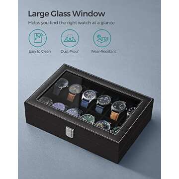 SONGMICS Watch Box, 12-Slot Watch Case with Large Glass Lid, Removable Watch Pillows, Watch Box Organizer, Gift for Loved Ones, Black Synthetic Leather, Black Lining UJWB012B01
