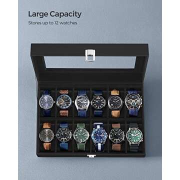 SONGMICS Watch Box, 12-Slot Watch Case with Large Glass Lid, Removable Watch Pillows, Watch Box Organizer, Gift for Loved Ones, Black Synthetic Leather, Black Lining UJWB012B01