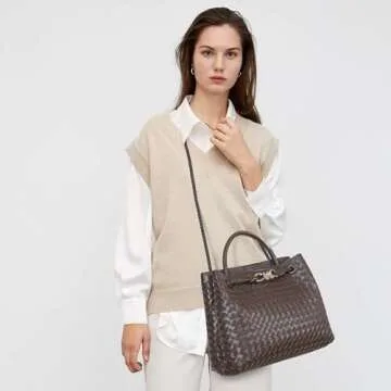 Woven Tote Bag for Women Crossbody Handbag,Vegan Leather Large Tote Purse,Trendy Satchel Handbag Bowknot Shoulder Bag-Brown