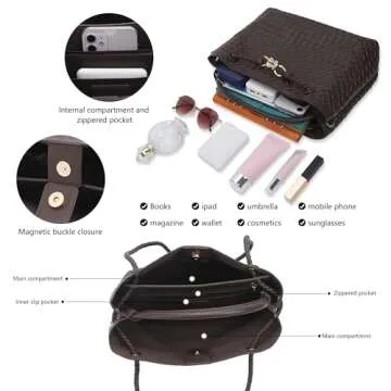 Woven Tote Bag for Women Crossbody Handbag,Vegan Leather Large Tote Purse,Trendy Satchel Handbag Bowknot Shoulder Bag-Brown