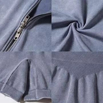 IWEMEK Women Seamless Acid Wash Yoga Workout Sets 2 Piece Tracksuits Two Way Zipper Long Sleeve Crop Top + High Waist Leggings Shorts Athletic Gym Clothes Set Zipper-Blue Grey Small