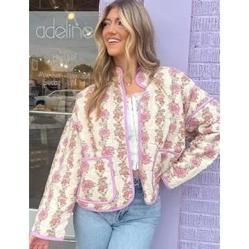 Aimiray Women's Cropped Floral Puffer Jacket Cardigan – Light & Comfy