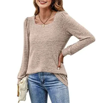 BZB Long Sleeve Tunic Tops for Women Fall Cute Square Neck Shirts Cozy Sweatshirts Khaki M