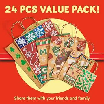 JOYIN Christmas Foil Kraft Gift Bags - 24 Assorted Designs
