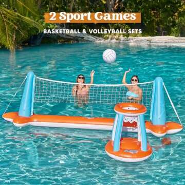 JOYIN XL Inflatable Pool Float Set, 125'' Volleyball Net & Basketball Hoops, Extra Large Floating Sw...